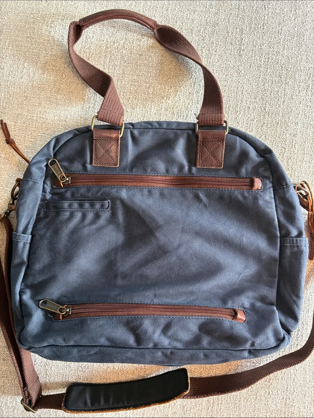 Duluth Trading Co Navy Canvas Messenger Bag with Brown Trim